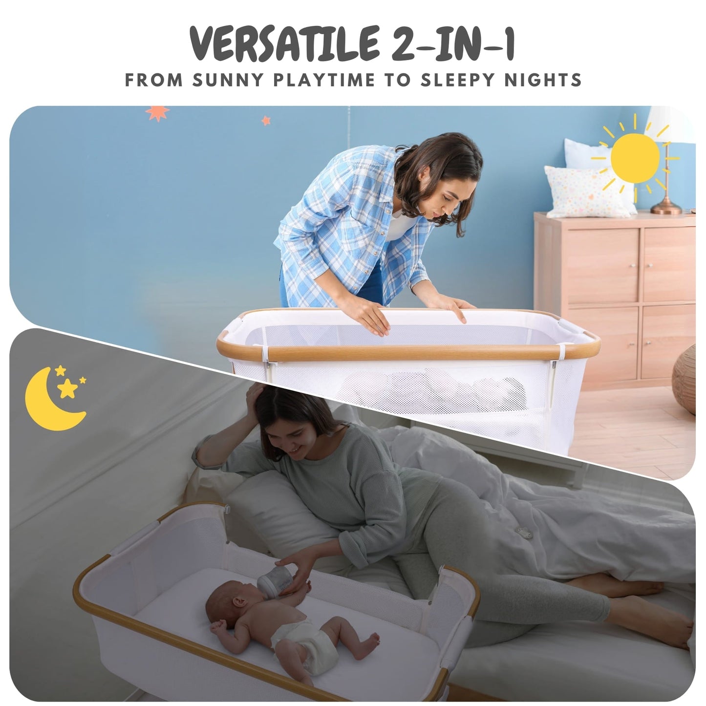 Bicystar Baby Bassinet Bedside Sleeper 2 in 1, All Mesh for Newborn to 6 Months Infant