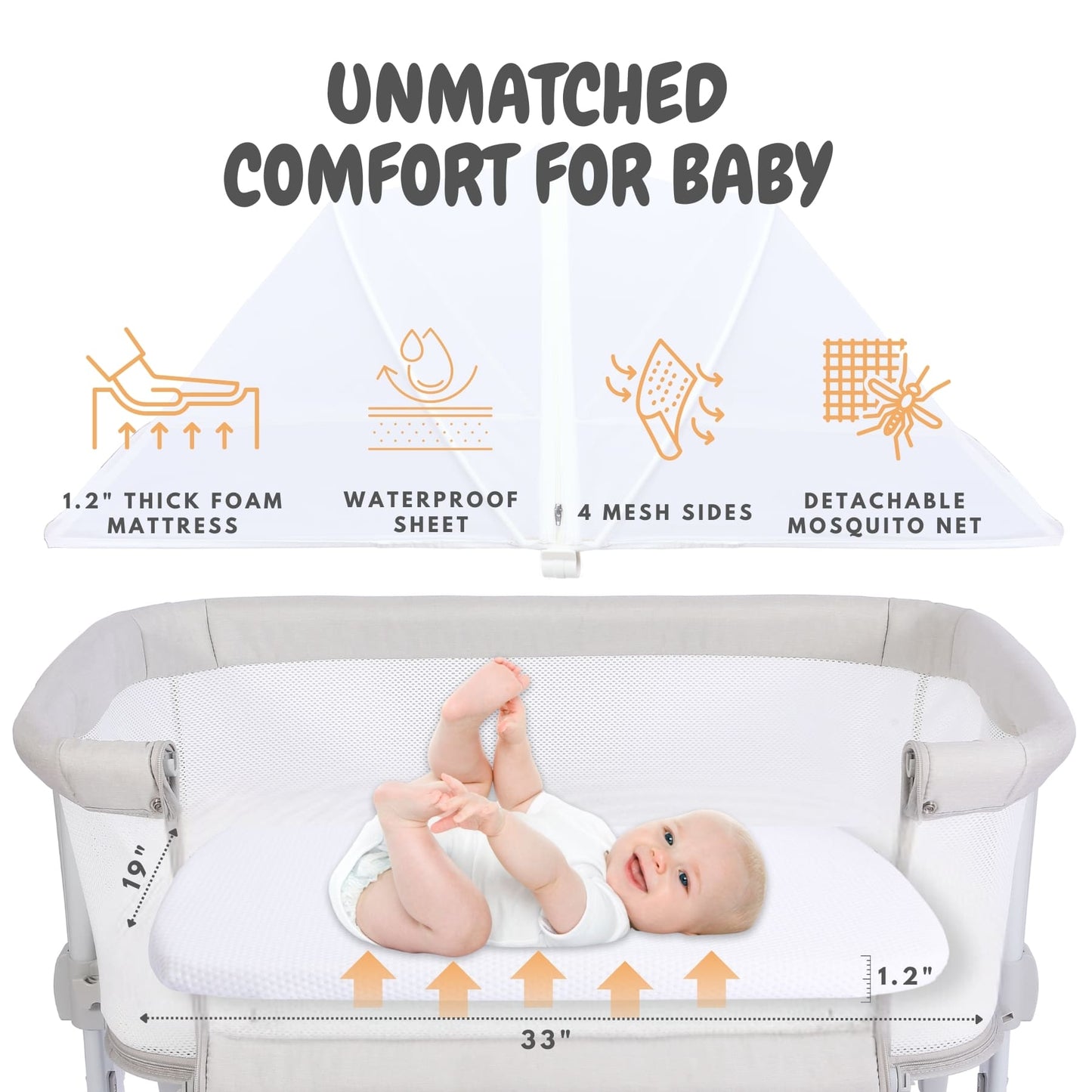 Bicystar 3 in 1 Bassinet Bedside Sleeper Playen All Mesh, Adjustable Height with Wheels