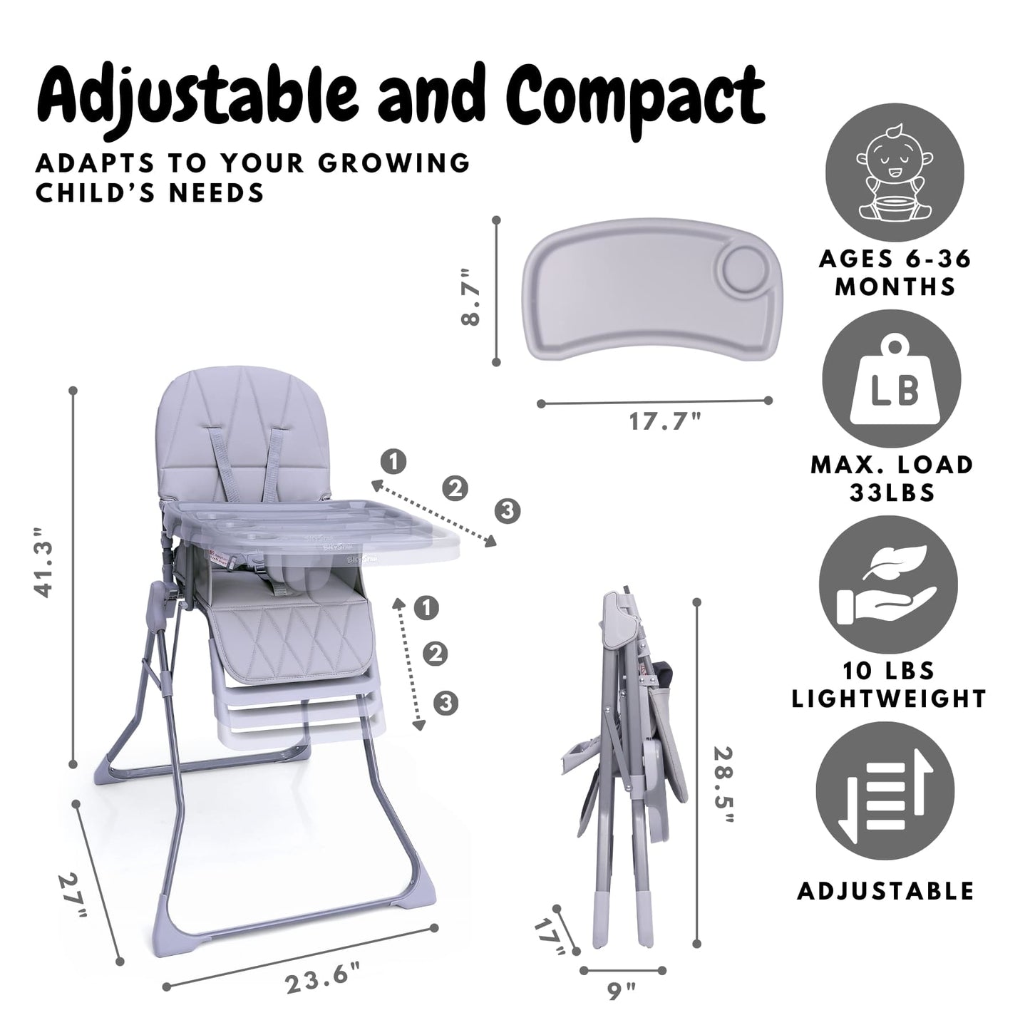 Bicystar Foldable Baby High Chair with Easy Clean Double-layer Tray, Adjustable Foot Rest, 5 Point Harness for Travel