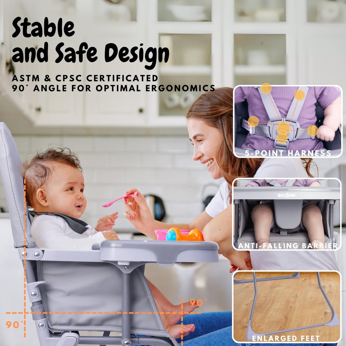 Bicystar Foldable Baby High Chair with Easy Clean Double-layer Tray, Adjustable Foot Rest, 5 Point Harness for Travel