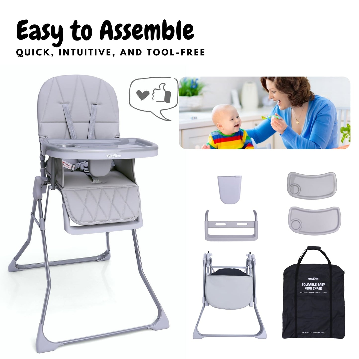 Bicystar Foldable Baby High Chair with Easy Clean Double-layer Tray, Adjustable Foot Rest, 5 Point Harness for Travel