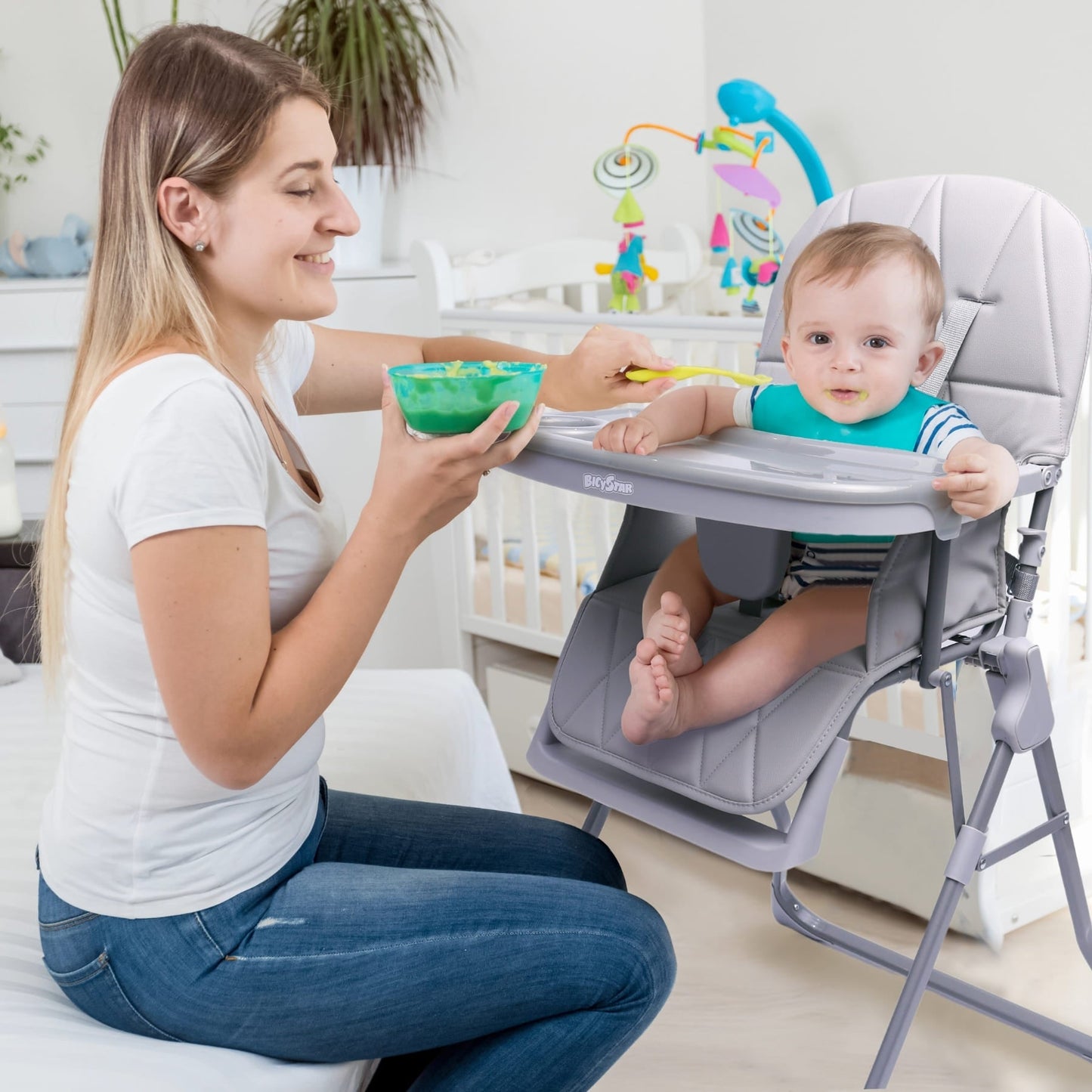 Bicystar Foldable Baby High Chair with Easy Clean Double-layer Tray, Adjustable Foot Rest, 5 Point Harness for Travel