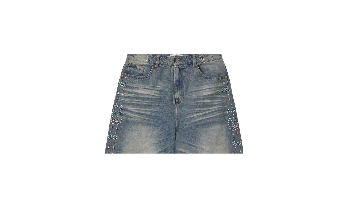 Colored Jeweled Stripe Denim Shorts "Blue"