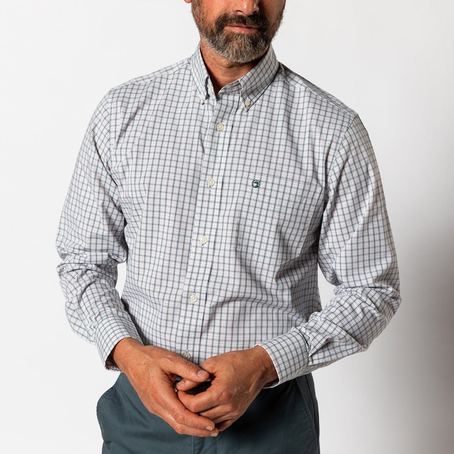 Duck Head Men's Long Sleeve Performance Poplin Edison Plaid in Forest Green