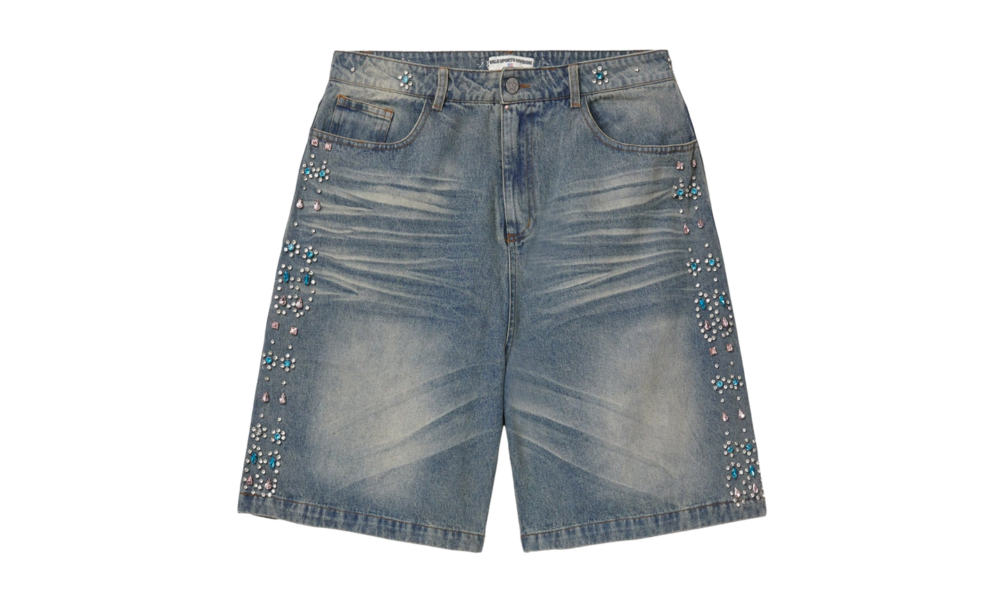Colored Jeweled Stripe Denim Shorts "Blue"