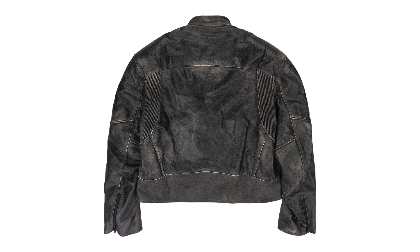 DISTRESSED BIKER LEATHER JACKET "BLACK"