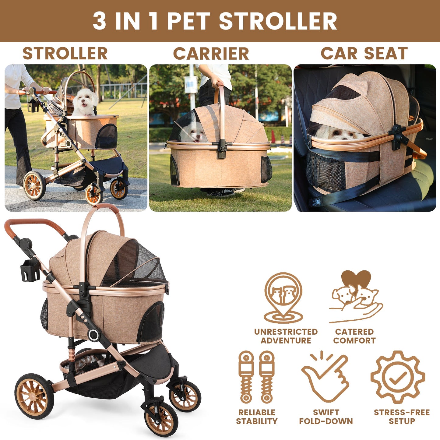 3 in 1 Pet Stroller with Detachable Carrier, Rubber Wheels | HLD-X6DD