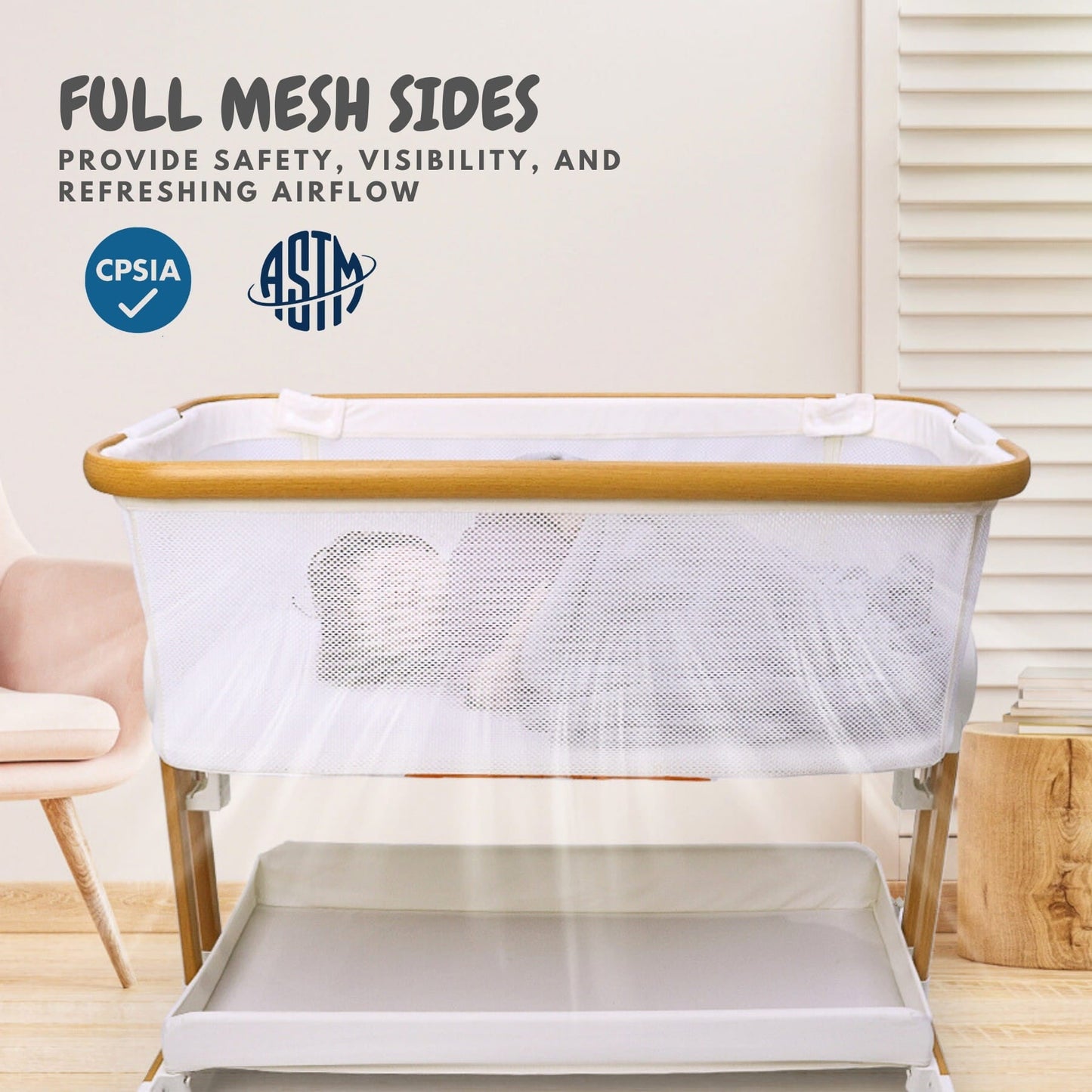 Bicystar Baby Bassinet Bedside Sleeper 2 in 1, All Mesh for Newborn to 6 Months Infant
