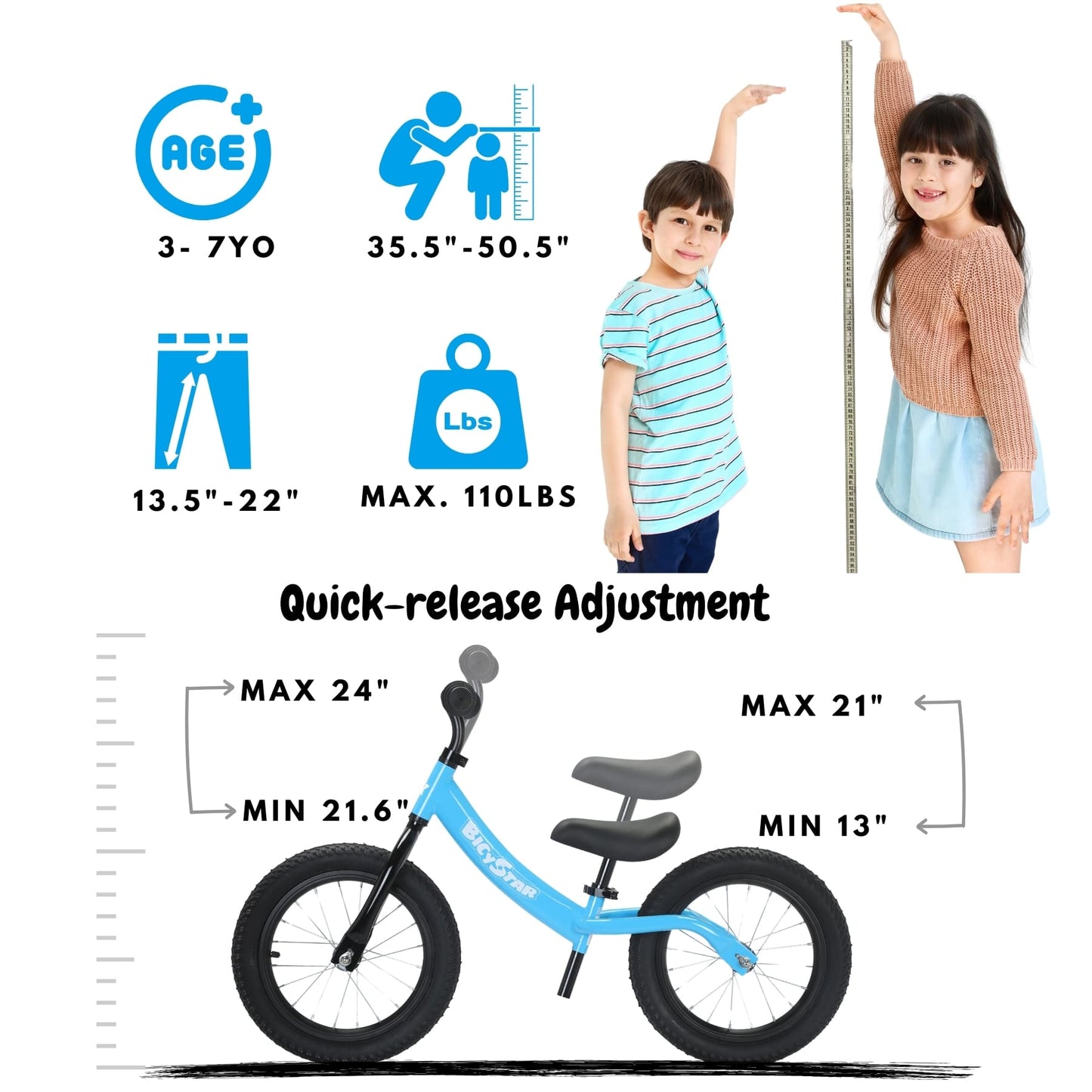 14 Inch Balance Bike for Kids 3-6 Years, Air Rubber Tires | KB-BL04
