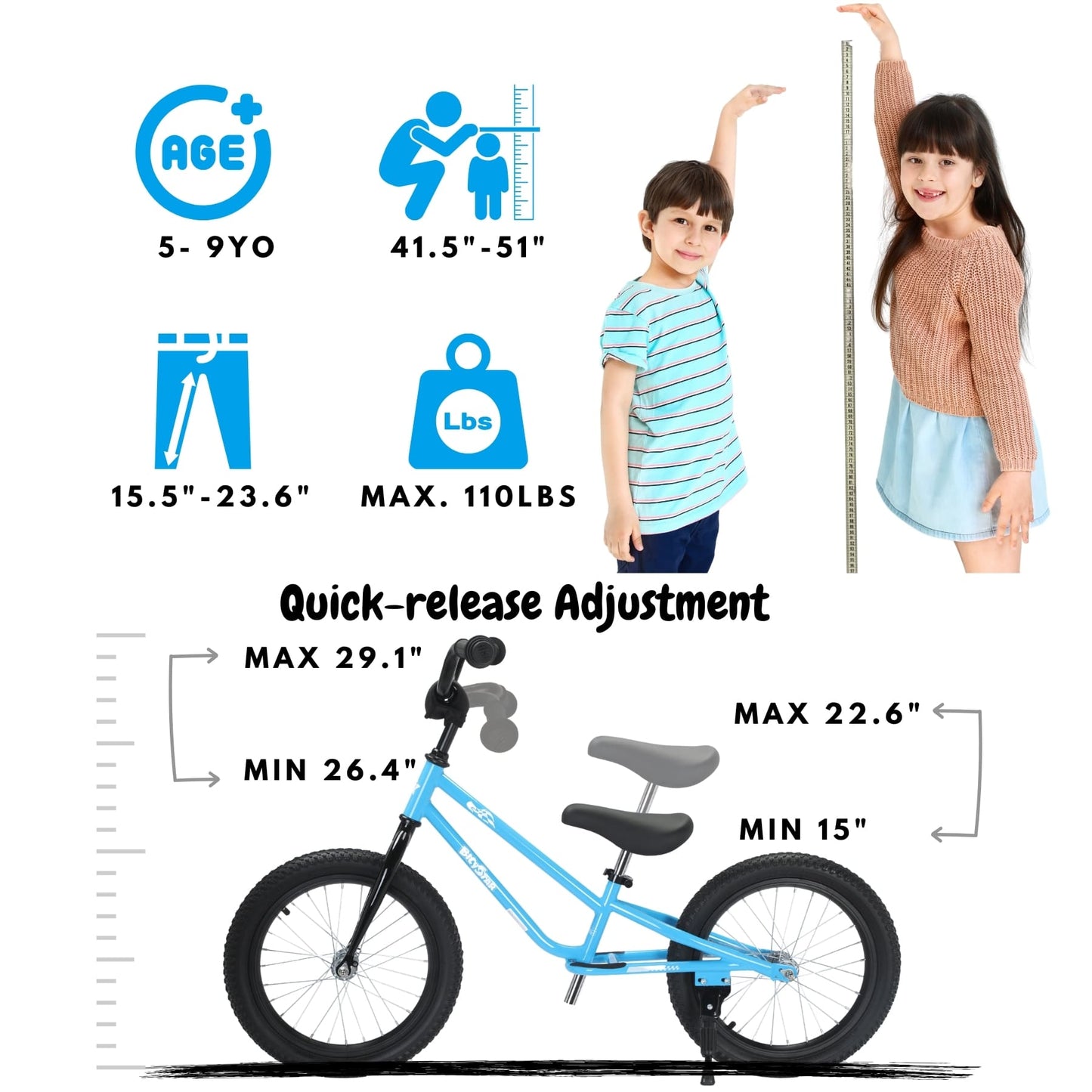 16 Inch Kids Balance Bike for 5-8 Year Old Big Kids, Air Tires | KB-BMX01