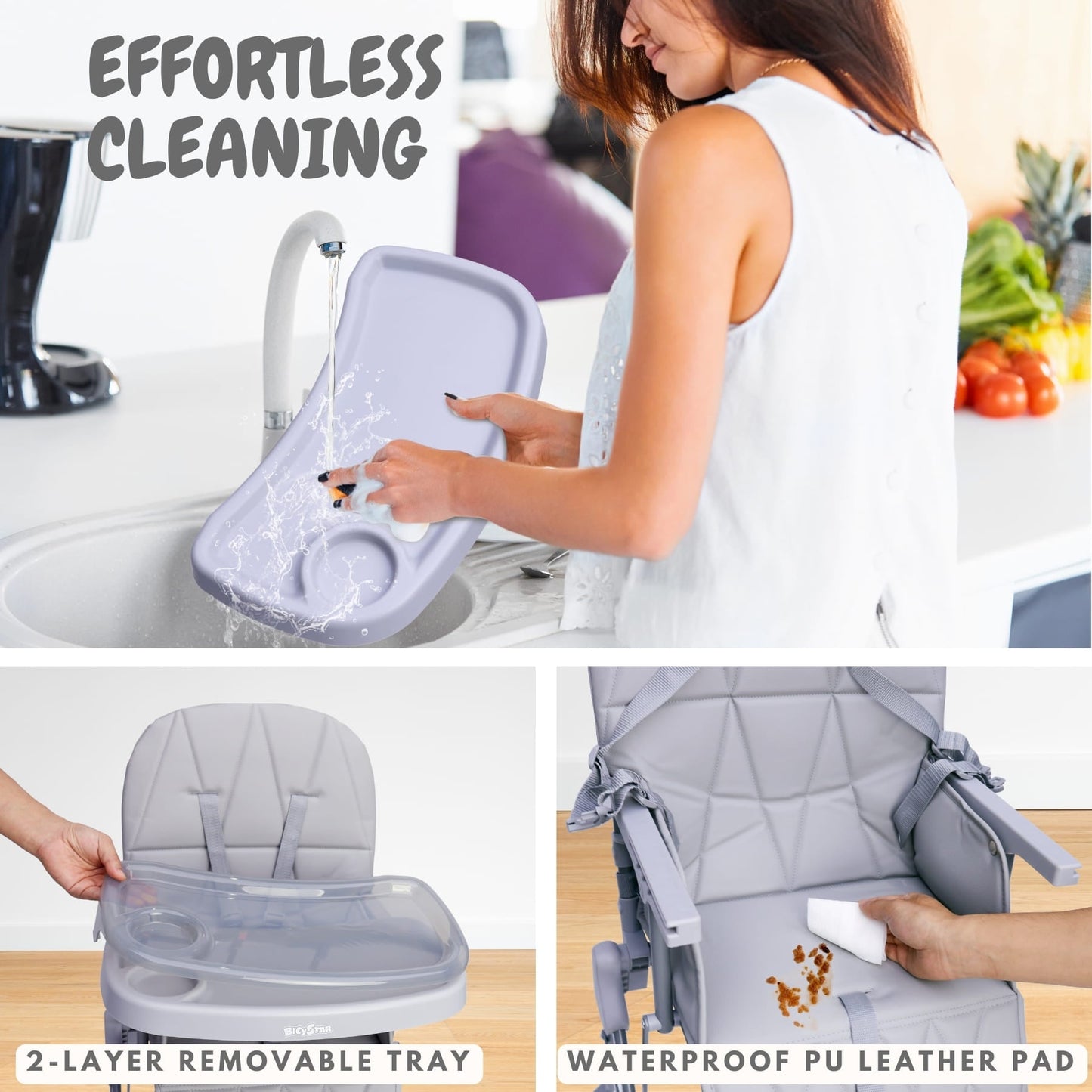 Bicystar Foldable Baby High Chair with Easy Clean Double-layer Tray, Adjustable Foot Rest, 5 Point Harness for Travel
