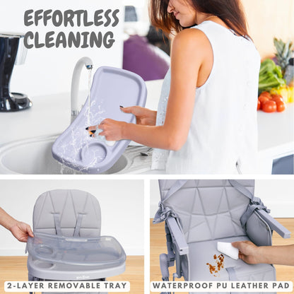 Bicystar Foldable Baby High Chair with Easy Clean Double-layer Tray, Adjustable Foot Rest, 5 Point Harness for Travel