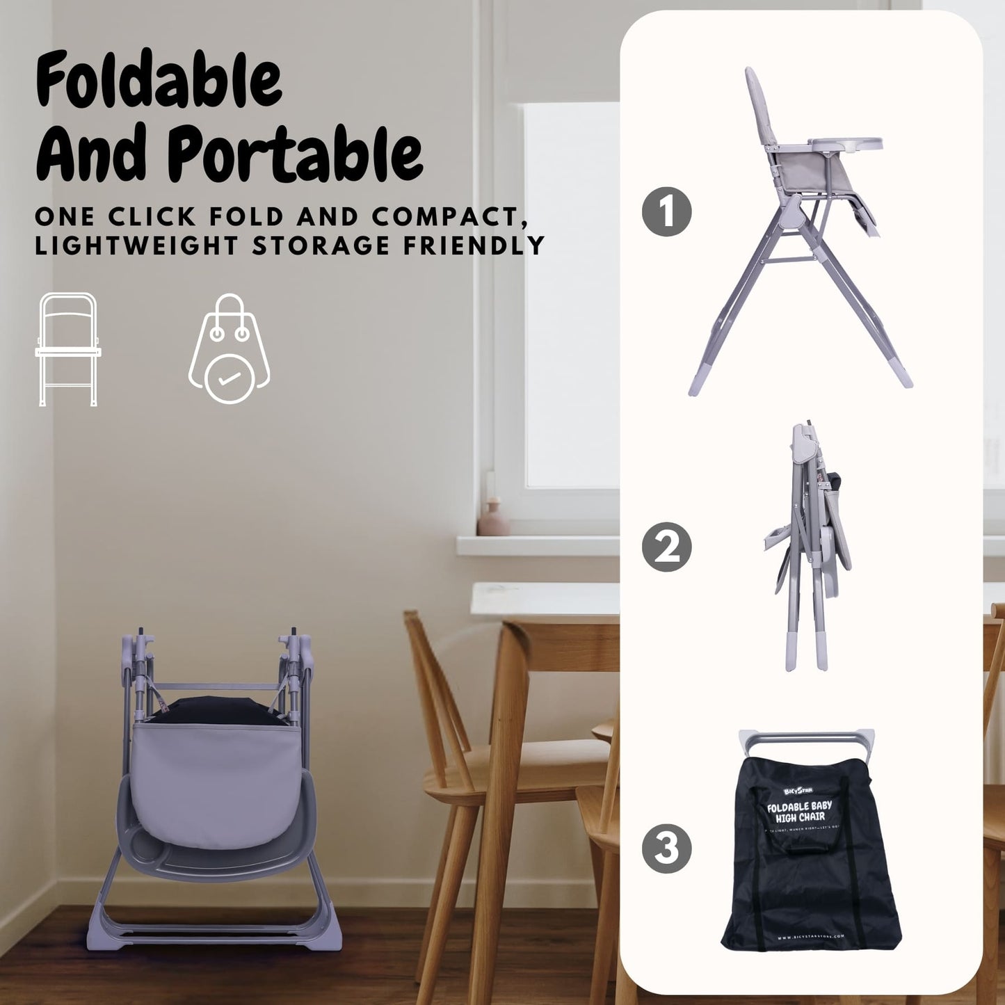 Bicystar Foldable Baby High Chair with Easy Clean Double-layer Tray, Adjustable Foot Rest, 5 Point Harness for Travel