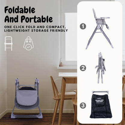 Bicystar Foldable Baby High Chair with Easy Clean Double-layer Tray, Adjustable Foot Rest, 5 Point Harness for Travel