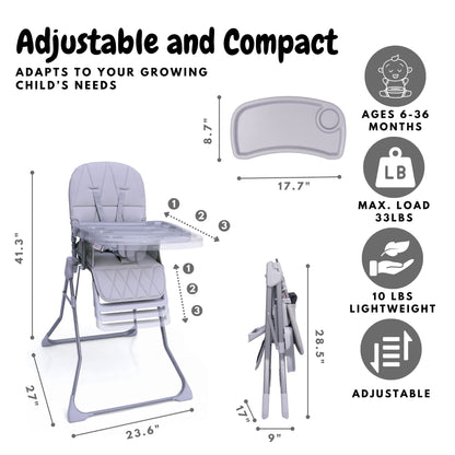 Bicystar Foldable Baby High Chair with Easy Clean Double-layer Tray, Adjustable Foot Rest, 5 Point Harness for Travel