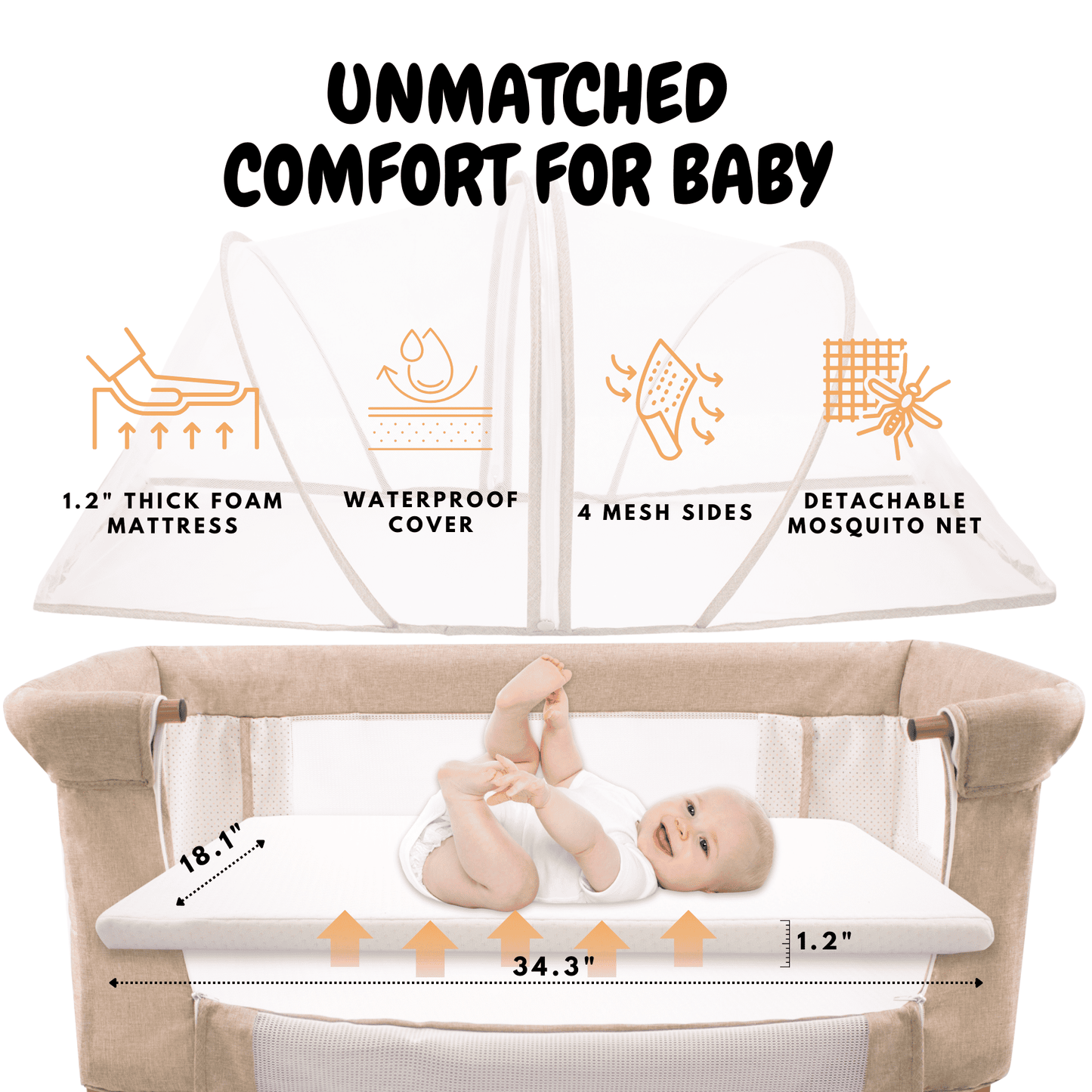 Bassinet Bedside Sleeper for Baby 0-6 Months with Wheels, Mattress, Drop Down Side