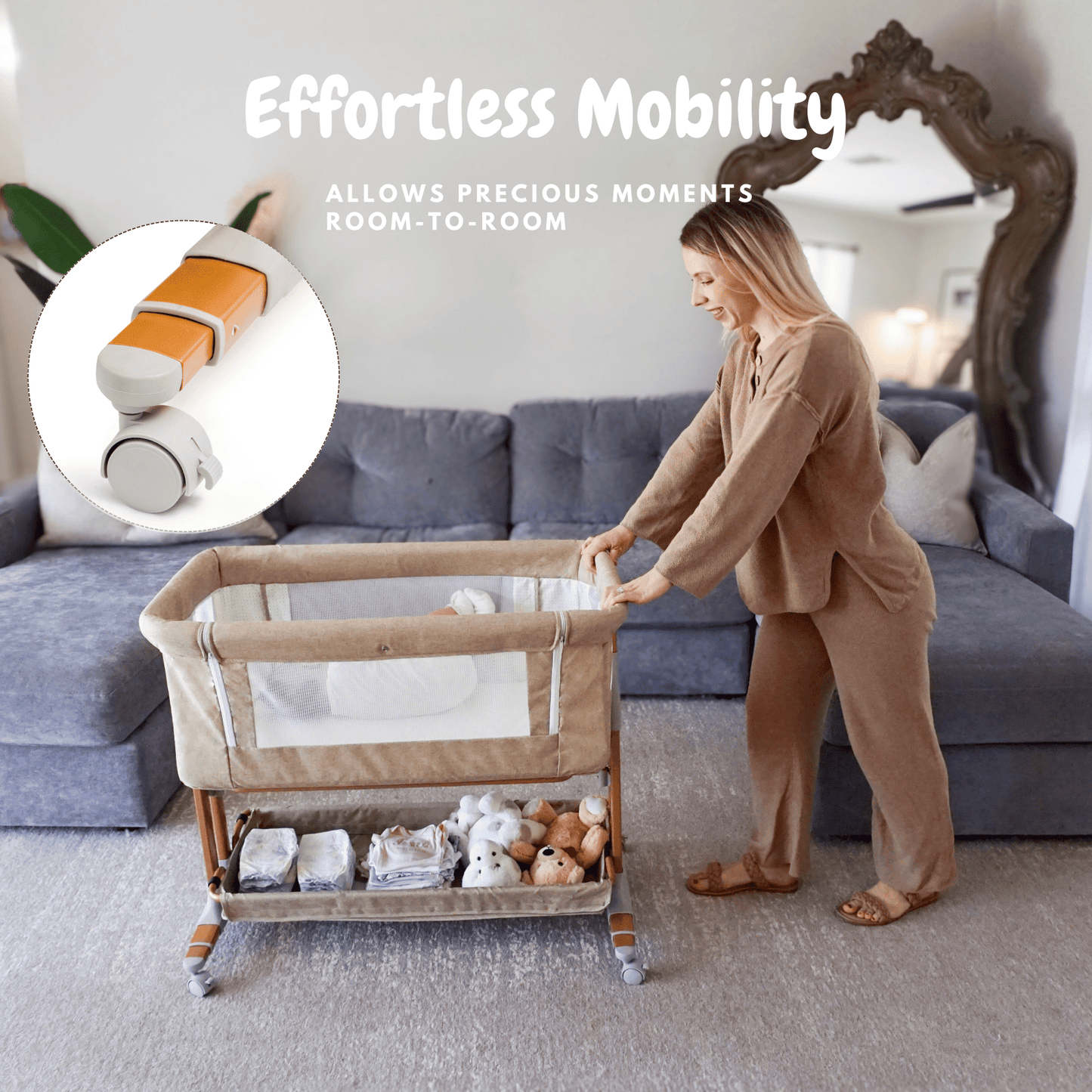 Bassinet Bedside Sleeper for Baby 0-6 Months with Wheels, Mattress, Drop Down Side