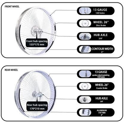 Chico WH-TH9526140C-CP Lowrider 26'' Coaster Brake Chrome Alloy Wheel Set