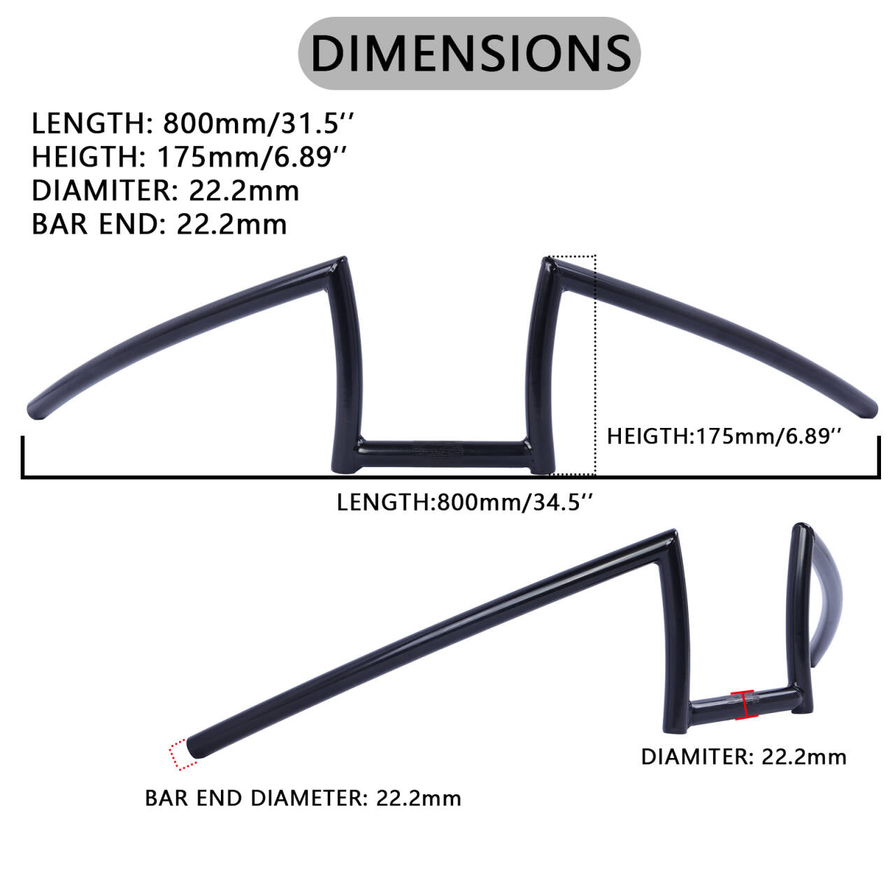 Chico HB-TB-W800-175 W-type Steel Handlebar 800*175*22.2mm*1.6T