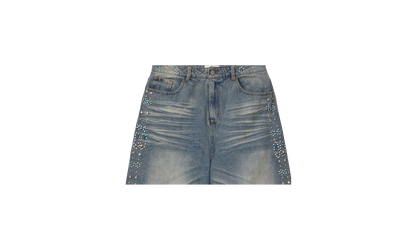 Colored Jeweled Stripe Denim Shorts "Blue"