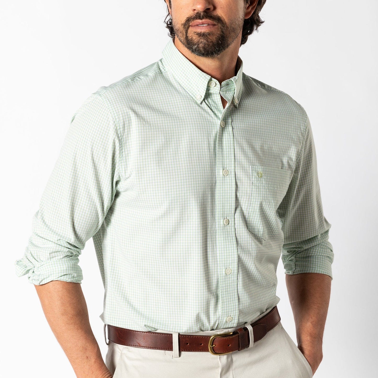 Duck Head Men's Long Sleeve Performance Poplin Sport Shirt in Pear Green