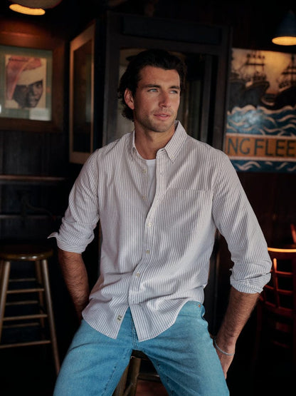 Fair Harbor Men's Salty Oxford Shirt in Oak Stripe