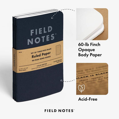 Field Notes Pitch Black Memo Book Ruled 3-Pack