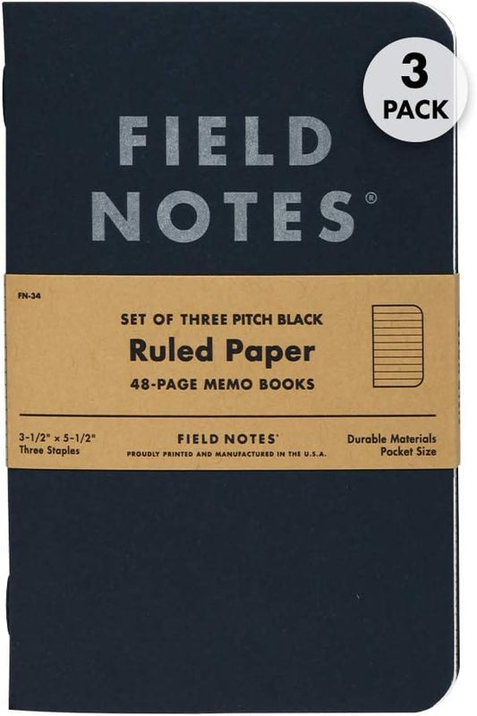 Field Notes Pitch Black Memo Book Ruled 3-Pack