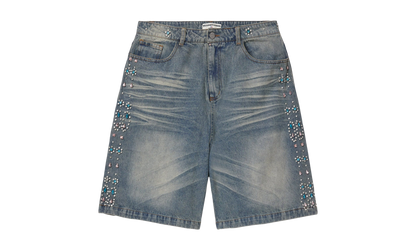 Colored Jeweled Stripe Denim Shorts "Blue"