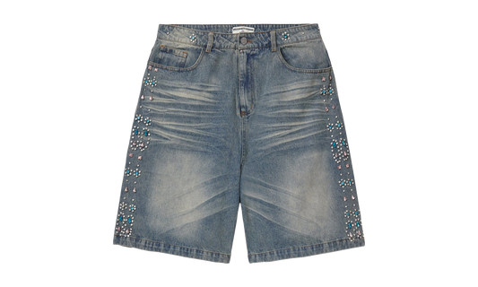 Colored Jeweled Stripe Denim Shorts "Blue"