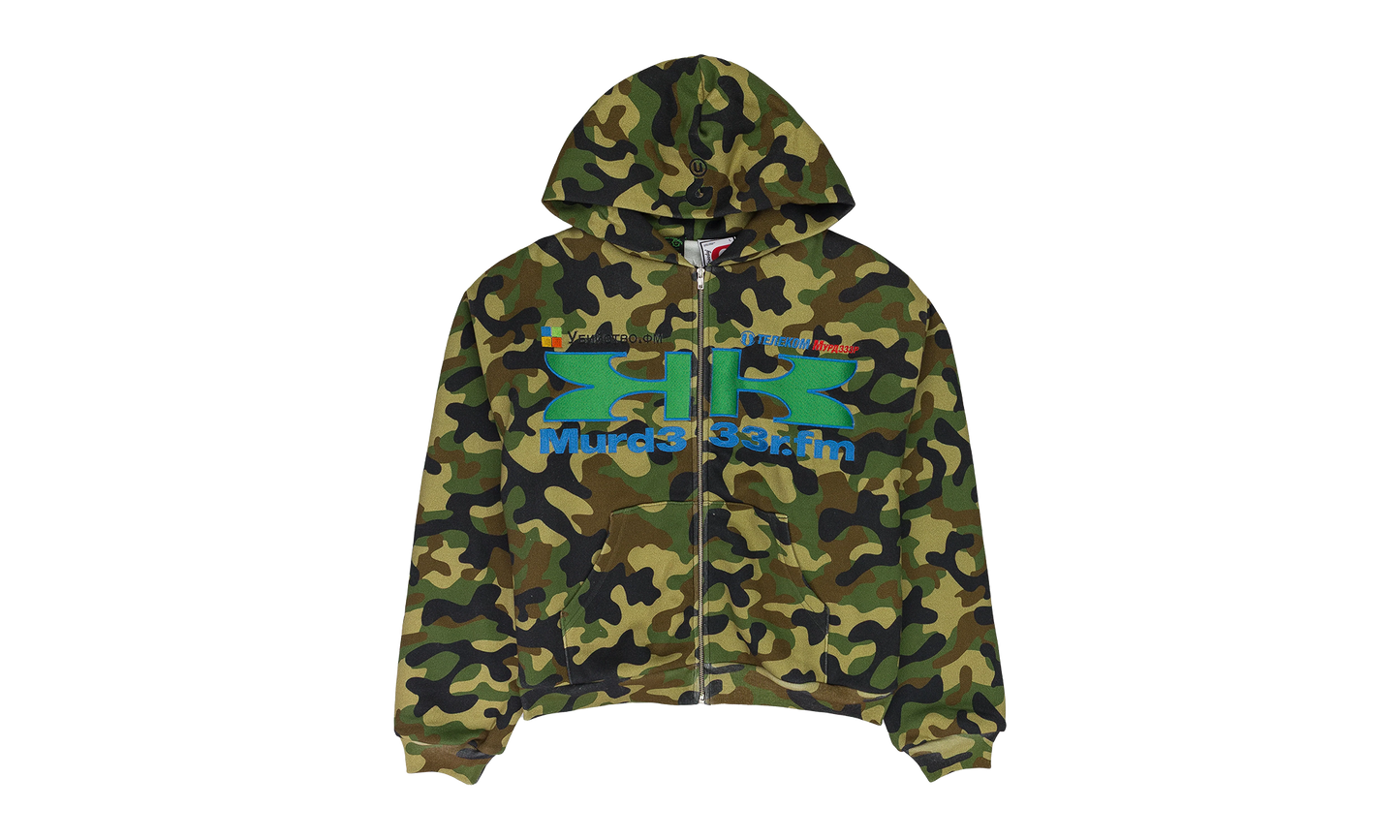 CAMO DOUBLE LAYERED HOODIE "MURD333R.FM - GREEN"